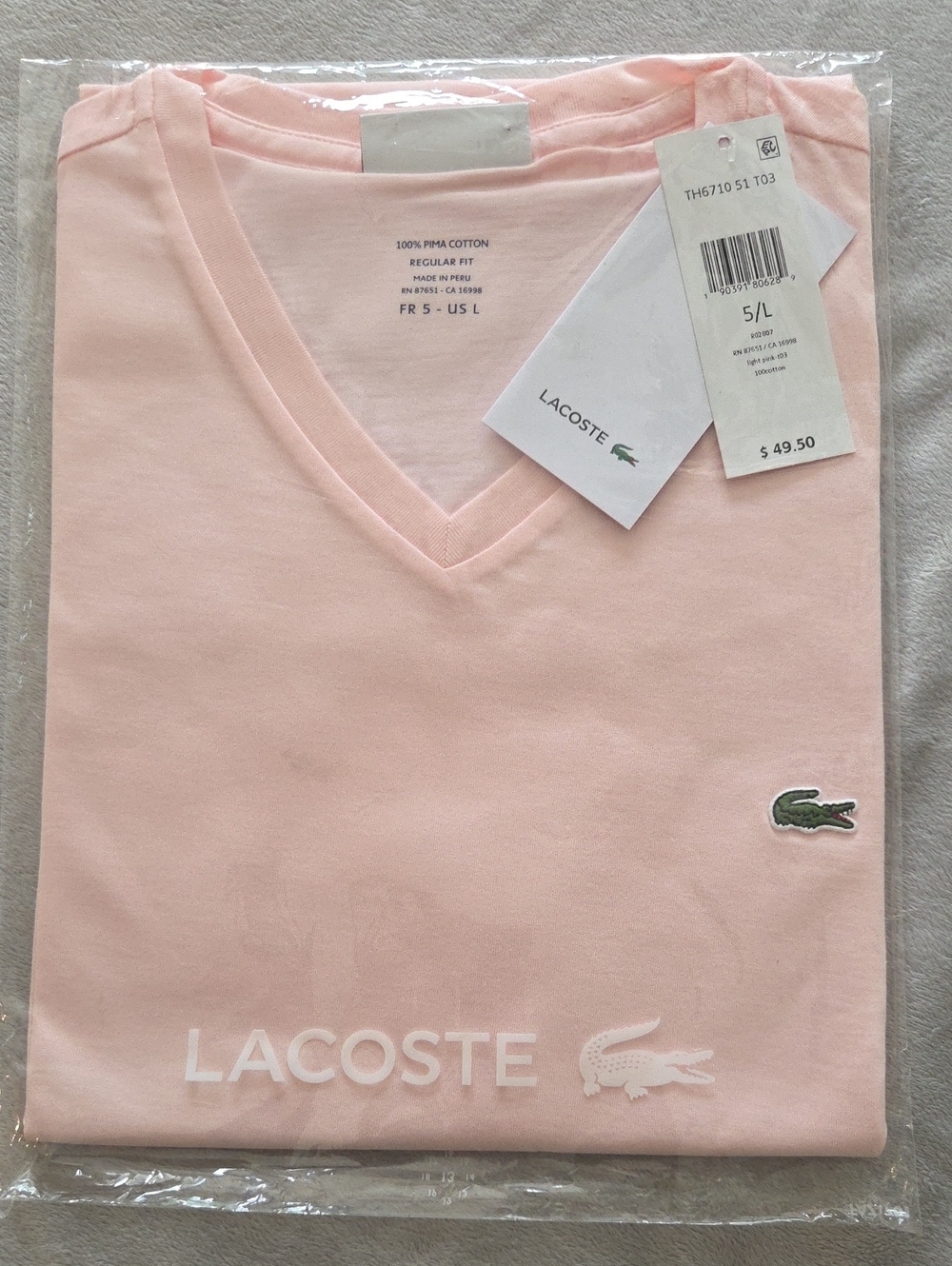 BNWT, Men's Lacoste T-Shirt, Size L, Pink